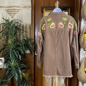 Floral Embroidered Brown Corduroy Jacket M | Boho Western Shirt Raw Hem Festival